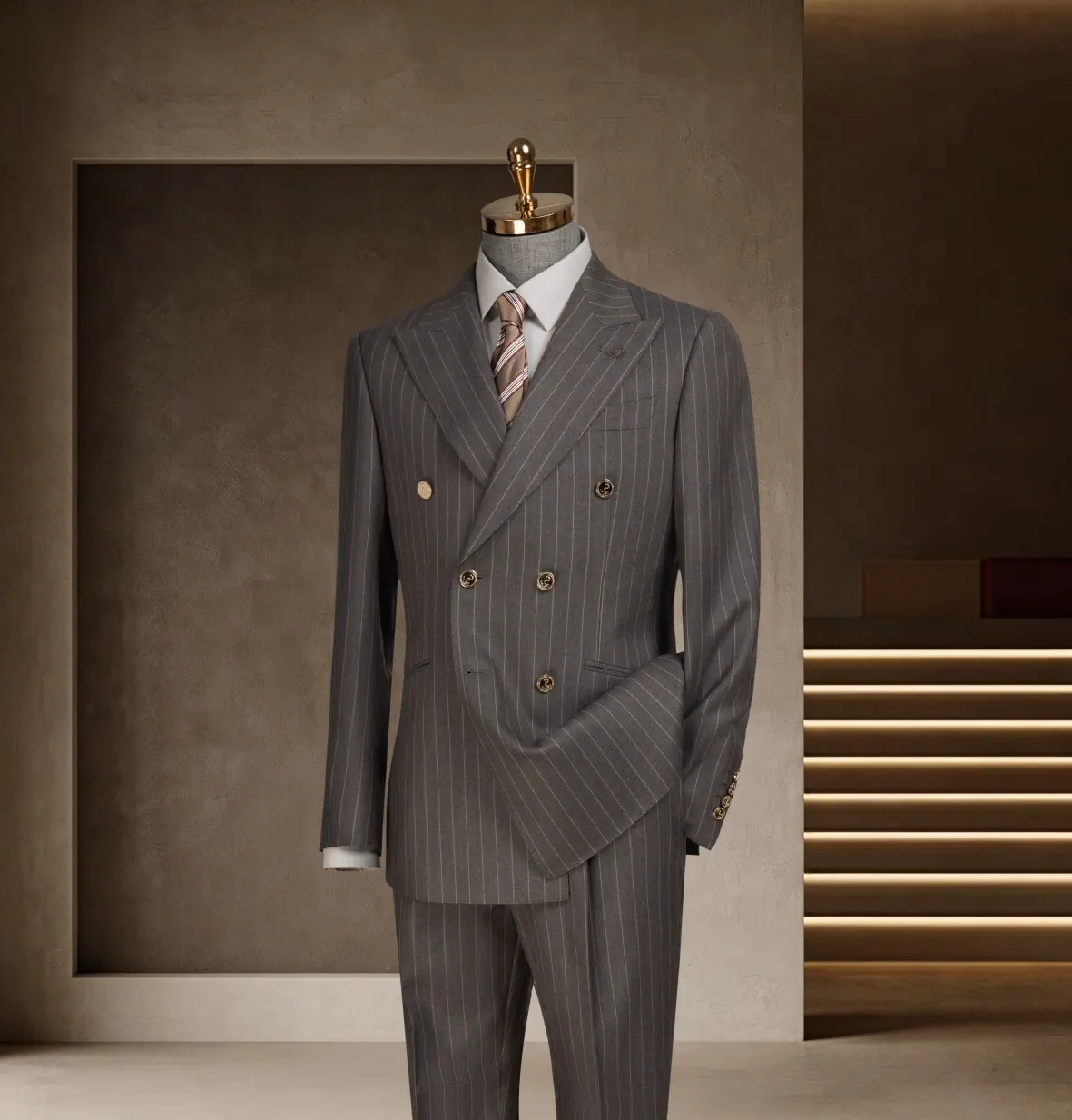 Gray pinstripe, Double-breasted, Red tie from the Banker Series at Wuyue Bespoke Tailoring Shanghai
