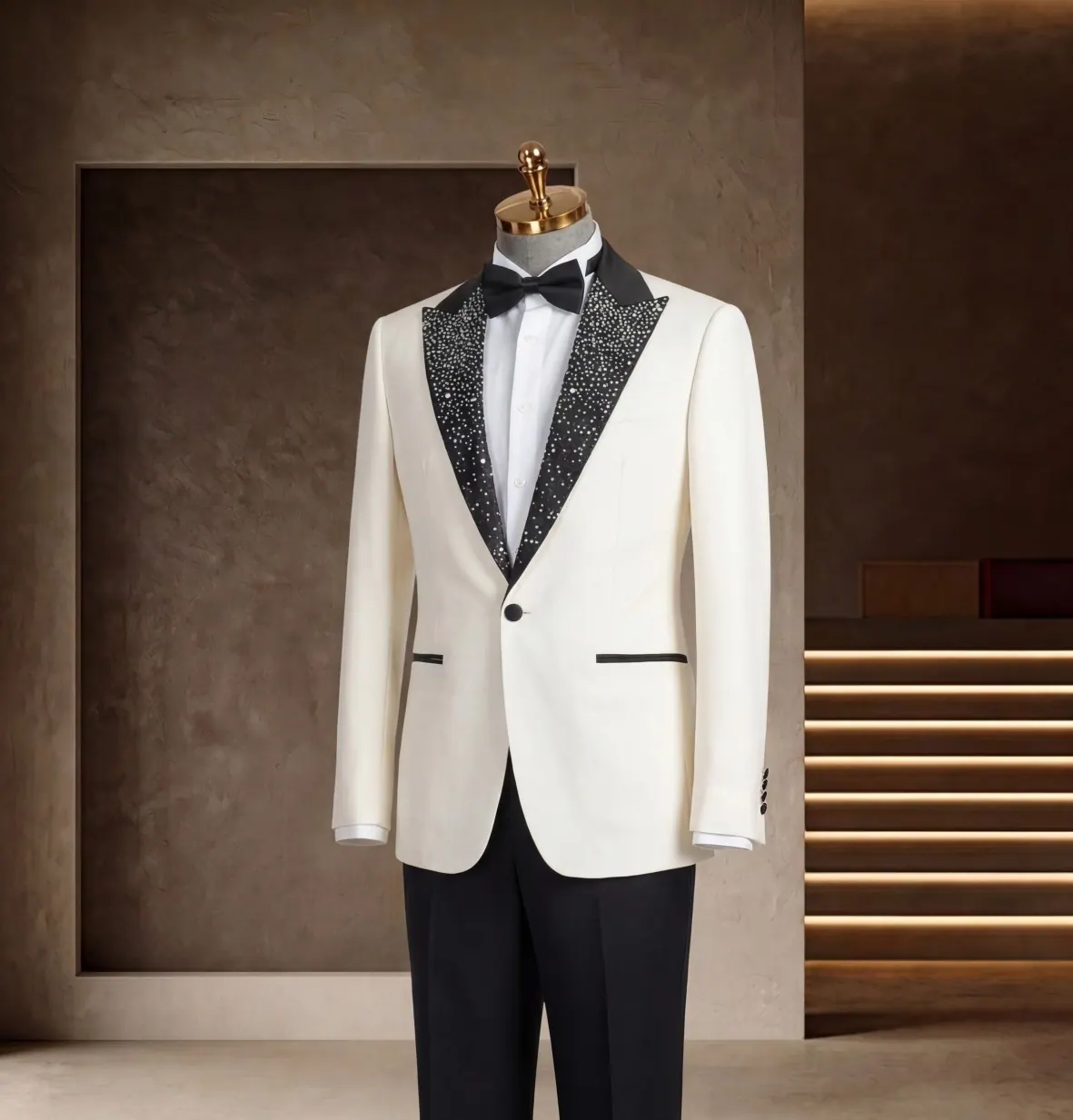 White dinner jacket, Black shawl lapel, Black tie from the Formalwear Collection at Wuyue Bespoke Tailoring Shanghai