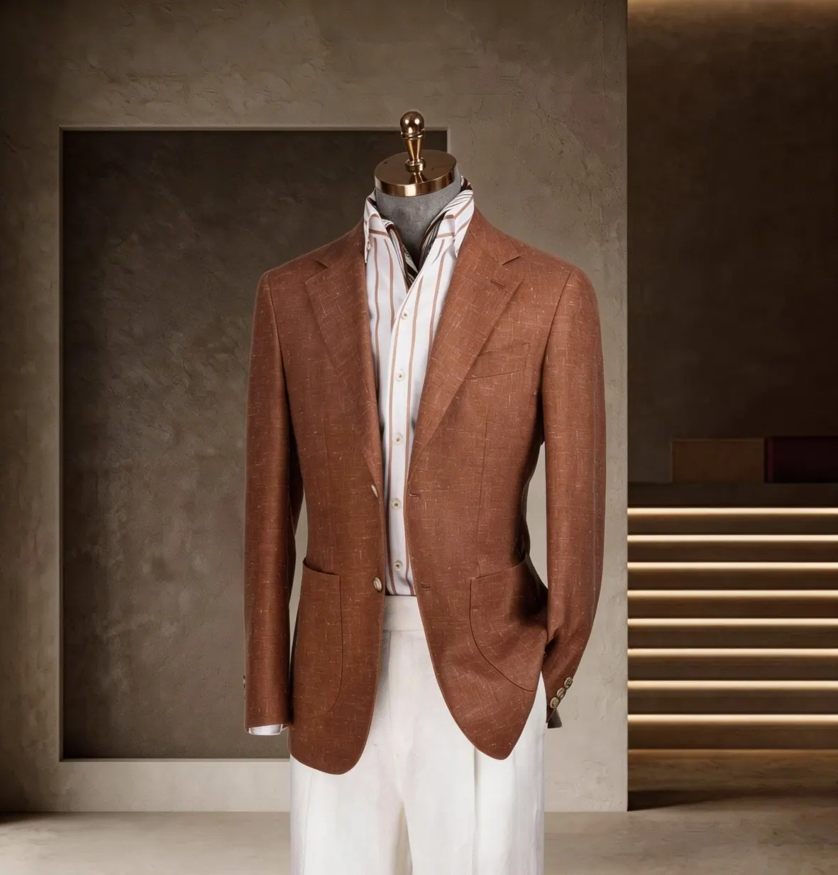 Rust blazer, White trousers, Autumn Italian from the Tuscany Series at Wuyue Bespoke Tailoring Shanghai