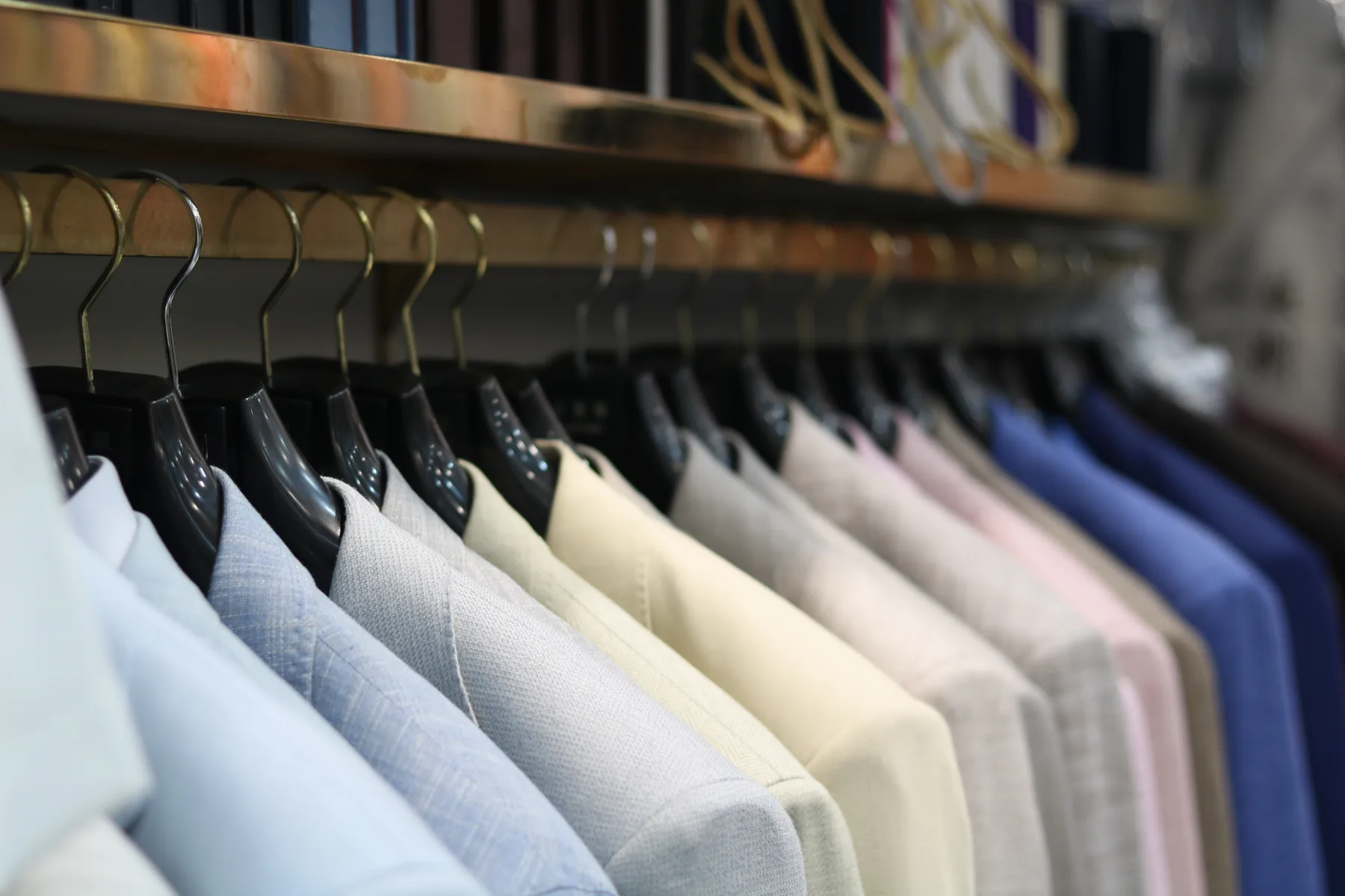A close view along Wuyue’s rail of jackets in different colours