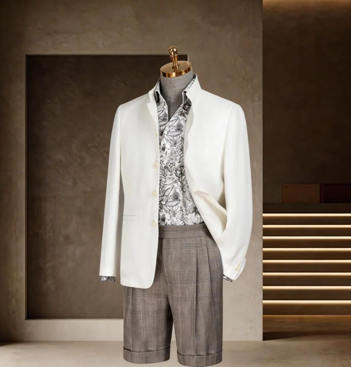 White blazer, Patterned shirt, Pleated shorts from the Southern French Vacation Series at Wuyue Bespoke Tailoring Shanghai