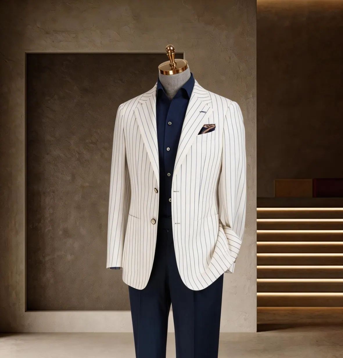 White pinstripe blazer, Navy trousers, Crisp contrast from the Tuscany Series at Wuyue Bespoke Tailoring Shanghai