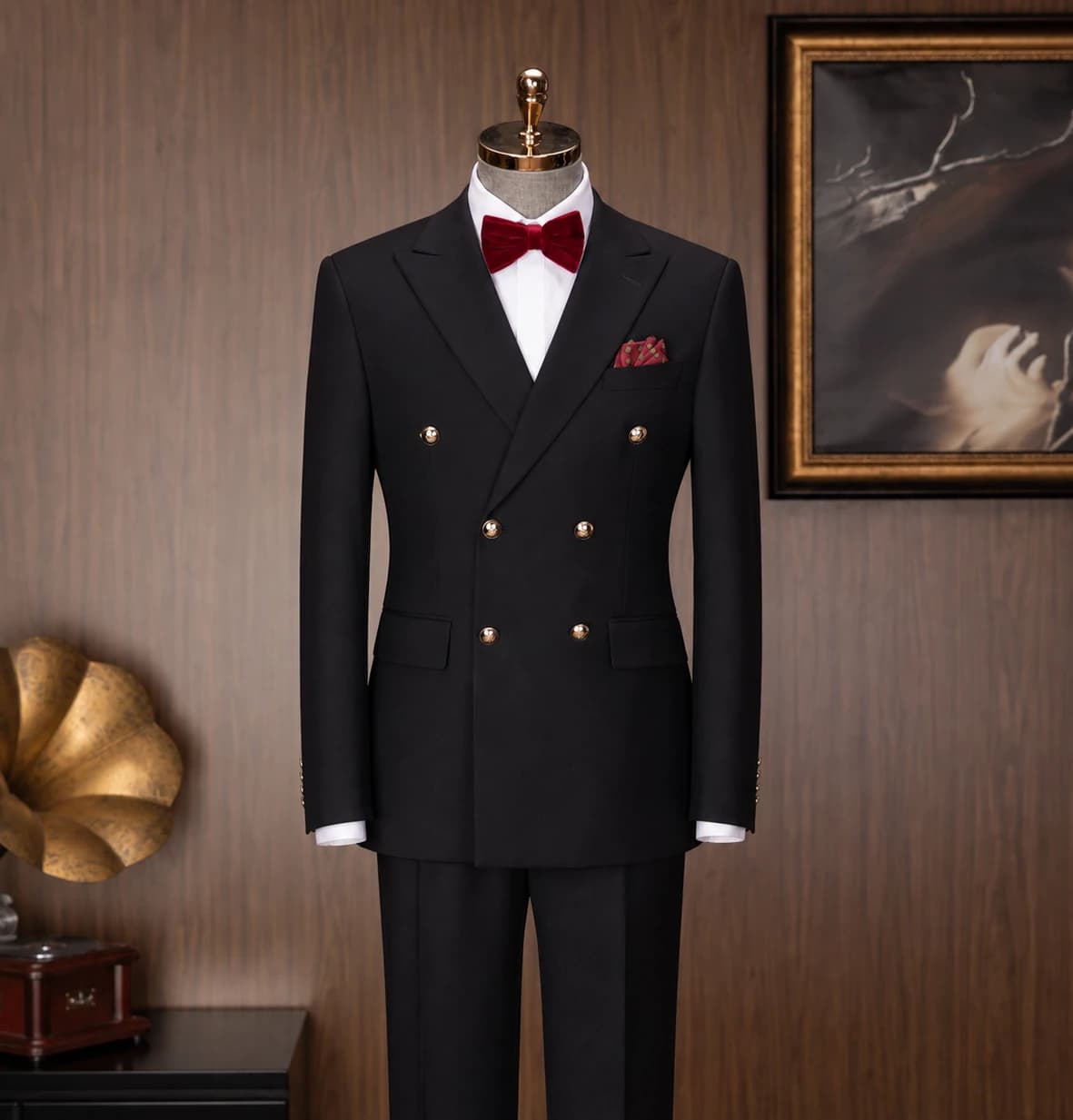 Black double-breasted, Burgundy bow tie, Wedding formalwear from the Wedding Collection at Wuyue Bespoke Tailoring Shanghai